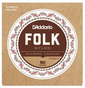 D'addario EJ33 Folk Nylon 80/20 Bronze/Ball End Clear Treble Guitar Strings Gauge 28-45 ej-33